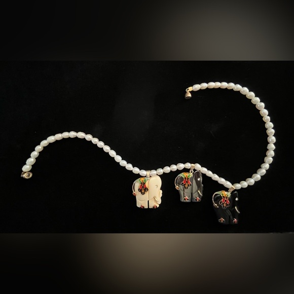 CUSTOM Pearl Necklace with BoneHematite and Onyx Elephant 🐘 Accented Pendants